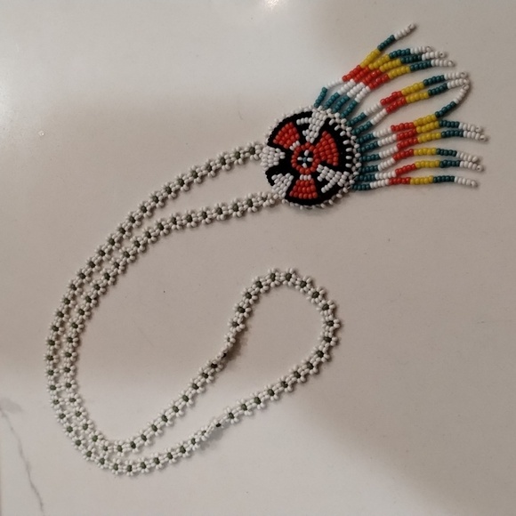 Native American seed bead necklace colorful thunderbird design fringe detail - Picture 2 of 5